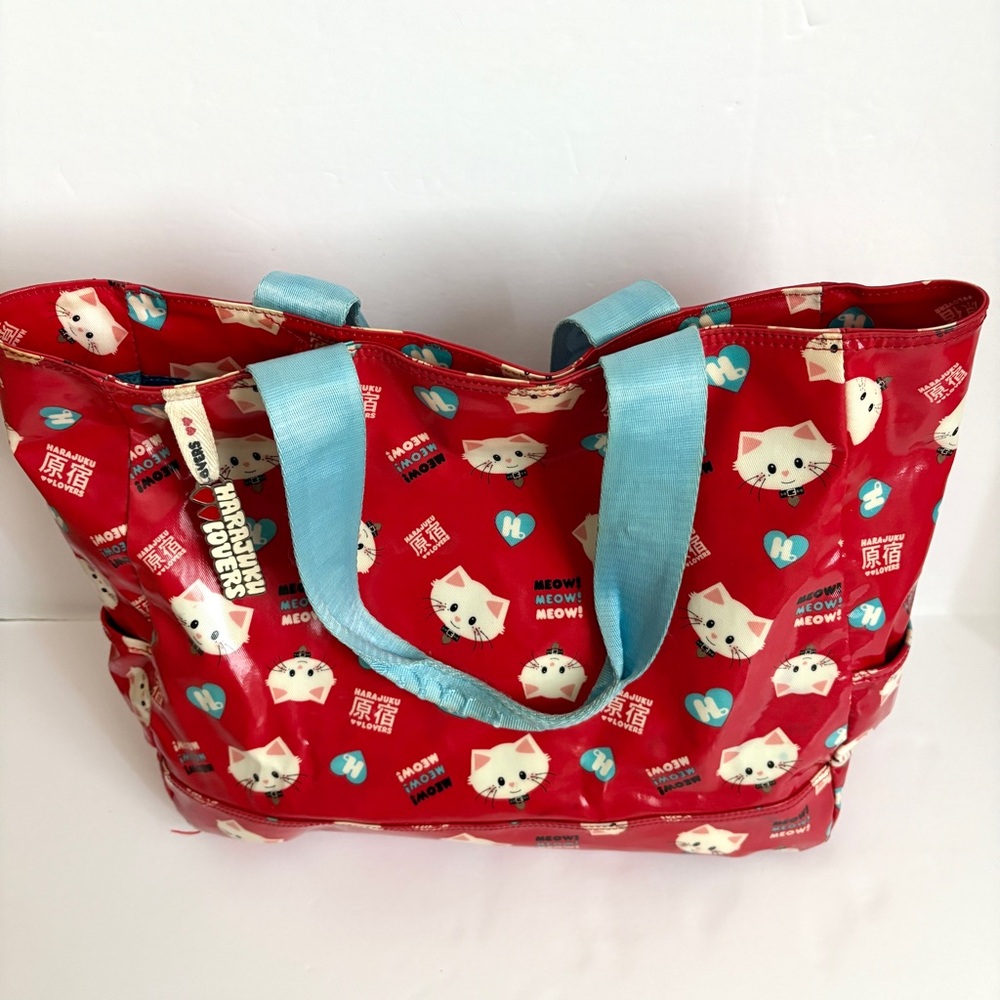 Harajuku Lovers Red Cats Tote Bag Gwen Stefani with Matching Zip Pouch Bag Charm - Picture 3 of 16